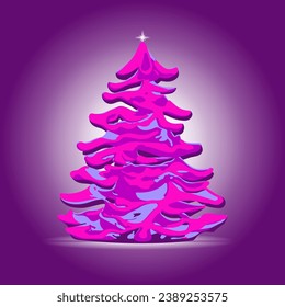 Decorative pink Christmas tree on New Year glowing purple background for print, background, covers and packaging. The image can be used for greeting cards, posters, stickers and textiles