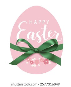 Decorative pink egg with green bow and Happy Easter lettering text. Easter sticker for spring holiday design. Vector stock illustration.