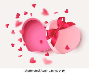 Decorative pink empty gift box with red bow and flying heart confetti isolated on white background. Valentines day design template. Vector stock illustration.