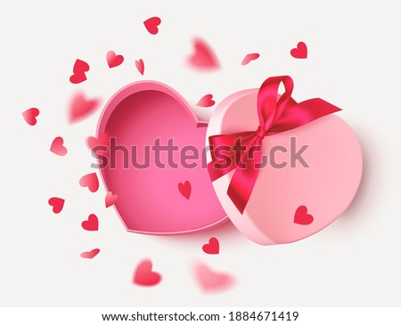 Decorative pink empty gift box with red bow and flying heart confetti isolated on white background. Valentines day design template. Vector stock illustration.