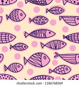 Decorative pink fish on a background with polka dots. Seamless pattern can be used for wallpaper, pattern fills, web page background, surface textures.
