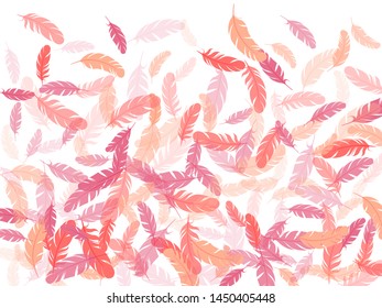 Decorative pink flamingo feathers vector background. Decoration confetti of carnival plumelet. Angel wing plumage concept. Flying feather elements airy vector design.