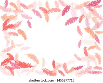 Decorative pink flamingo feathers vector background. Falling feather elements soft vector design. Bird wing plumage boho line art. Easy plumelet ethnic indian graphics.