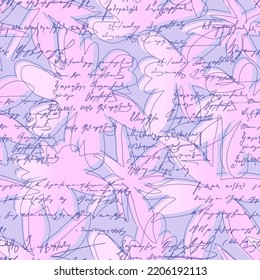 Decorative pink flowers and hand written inscriptions on a blue background. Seamless vector pattern. Design for fabric, wallpaper.