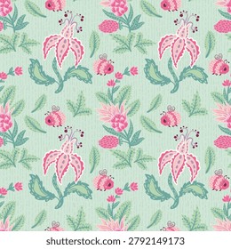 Decorative pink flowers and insects botanical vector pattern. Tropical exotic plants and bees in a folk style for fabric.