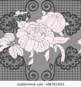 Decorative pink flowers peony for design. Ornament from flowers and black lace on a gray background. Floral seamless pattern. Vector illustration.