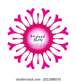 Decorative pink frame, sun rays with hearts element. Vintage border, stylized sun. Beautiful artwork vector design pattern
