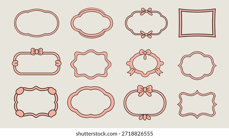 Los marcos rosados decorativos y los bordes adornados con arcos están dispuestos sobre un fondo gris claro