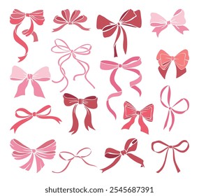Decorative pink, red ribbon bows set. Holiday sign collection. Ribbon symbol, accessory logo, cut files. Vector outline illustrations isolated on white background.