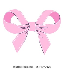 Decorative pink ribbon tied in a coquette bow.  Perfect for gift wrapping and craft projects. Beautiful accessory. Hand drawn flat design vector illustration.