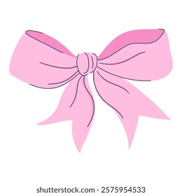 Decorative pink ribbon tied in a coquette bow. Perfect for party decoration. Beautiful accessory. Hand drawn flat design vector illustration.
