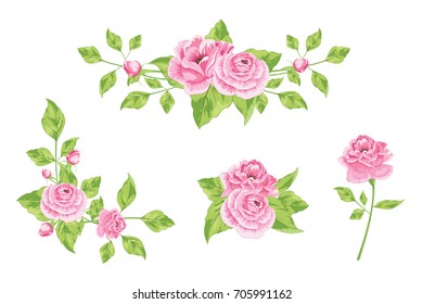 Decorative Pink Roses Bouquet with Leaves, Flowers Arrangement 