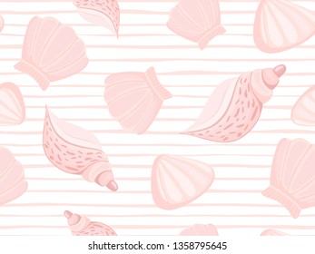 Decorative pink seashells stripe vector seamless pattern. Abstract marine wallpaper. Underwater backdrop.