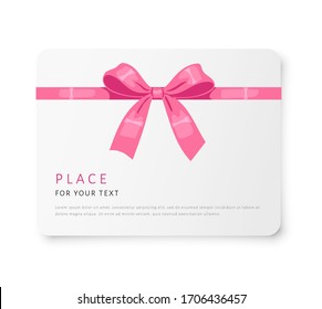 Decorative pink silk bow with blank card on white background. For card design, celebration party items, gift packaging, tags, and luxury wrap pack, labels, template, mock up vector Illustration