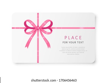 Decorative pink silk bow with blank card on white background. For card design, celebration party items, gift packaging, tags, and luxury wrap pack, labels, template, mock up vector Illustration