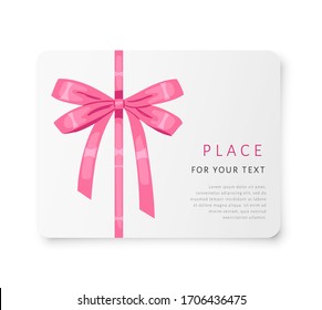 Decorative pink silk bow with blank card on white background. For card design, celebration party items, gift packaging, tags, and luxury wrap pack, labels, template, mock up vector Illustration