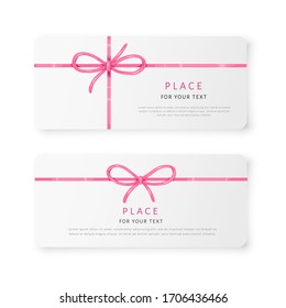 Decorative Pink Silk Bows With Blank Cards On White Background. For Card Design, Celebration Party Items, Gift Packaging, Tags, And Luxury Wrap Pack, Labels, Template, Mock Up Vector Illustration