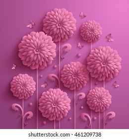 Decorative pink summer background with asters and butterflies in 3D style
