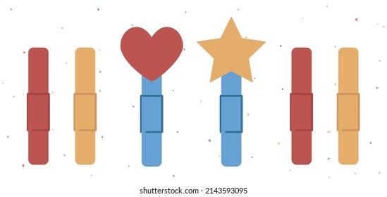 Pines decorativos (clips) con estrella y corazón. Ilustración de vector plana colorida aislada en fondo blanco