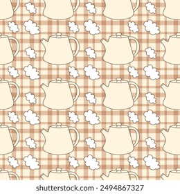 Decorative plaid seamless pattern with kettle. Vector cute doodle hand drawn illustration. Simple design for printing wrapping paper, fabric, textile, wallpaper.
