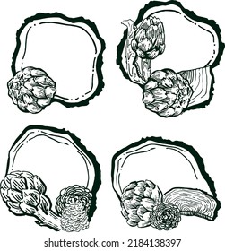 Dekoratives planimetrisches Gerüst mit Baumfellungen, Artischocken und Steinen. Die Vektorgrafiken einzeln für Design, Scrapbooking, Einladungen