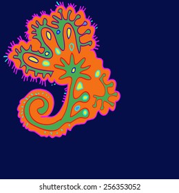 Decorative plant of  colored floral motif on a dark blue   background. Hand drawn.