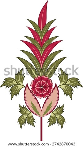 A decorative plant design with a central blooming flower, elongated pointed leaves at the top, and balanced foliage on both sides.