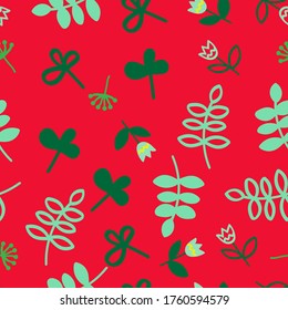 Decorative plant pattern in Doodle style with red tulips. Children's pattern for textiles, clothing and paper, wallpaper, wrappers.