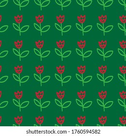 Decorative plant pattern in Doodle style with red tulips. Children's pattern for textiles, clothing and paper, wallpaper, wrappers.