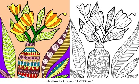 Decorative plant pots coloring book page illustration for adults art drawing relaxing 