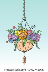 Decorative planter hanging on a chain. Colorful vector image
