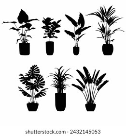 Decorative plants icons black leaf porcelain pots sketch