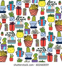 Decorative plants in pots of different sizes and colors seamless pattern.