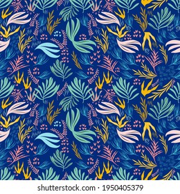 Decorative plants seamless pattern with colorful doodles. Hand-drawn modern collection. 