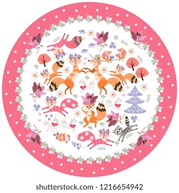 Decorative plate with animals for children. Cute cartoon foxes, squirrels, unicorns and raccoon in a beautiful floral frame.