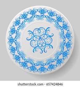 decorative plate. Plate with blue ornament. vector illustration
