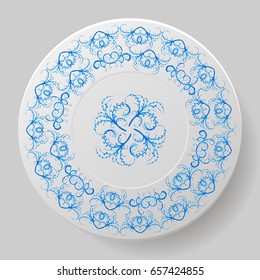 decorative plate. Plate with blue ornament. vector illustration