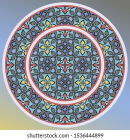 
Decorative plate in blue, red and yellow for interior design. Home decor. porcelain design.