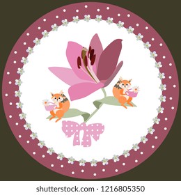 Decorative plate for children. Big purple lily. Little squirrels are sitting on her little leaves and drinking chamomile tea. Fairy illustration.
