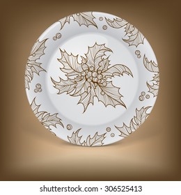 Decorative plate with Christmas holly. Vector illustration