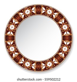Decorative plate with a circular brown pattern, top view. White background. Vector illustration.