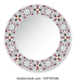 Decorative plate with a circular colorful pattern, top view. White background. Vector illustration.