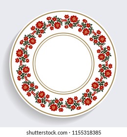 Decorative plate with a circular pattern. Blue background. Vector illustration.