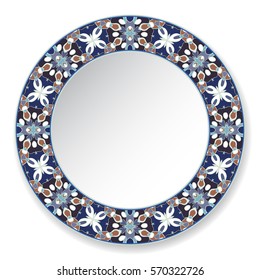 Decorative plate with a circular pattern, top view. White background. Vector illustration.
