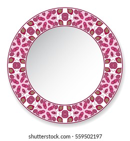 Decorative plate with a circular pink pattern, top view. White background. Vector illustration.