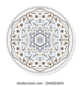 Decorative plate with colored arabic ornament. Home decor background, Interior decoration, kitchen plate. top view. White background.