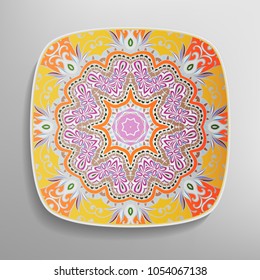 Decorative plate with colorful hand drawn ornament in ethnic style. Mandala circular abstract floral pattern. Fashion background with ornate dish. Vector illustration