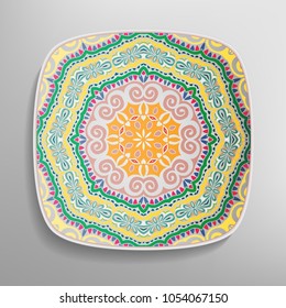 Decorative plate with colorful hand drawn ornament in ethnic style. Mandala circular abstract floral pattern. Fashion background with ornate dish. Vector illustration