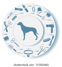 Decorative plate with dog silhouette, combs, collar, leash, razor, hair dryer, scissors. Design for banner, poster or print.