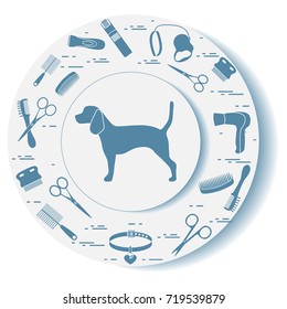 Decorative plate with dog silhouette, combs, collar, leash, razor, hair dryer, scissors. Design for banner, poster or print.
